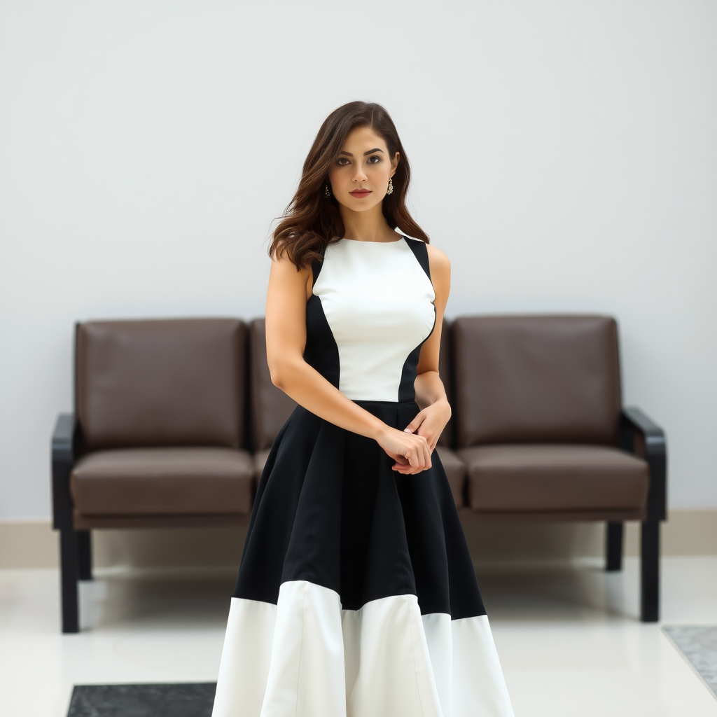 Elegant woman in black and white dress for a classy dating photo.