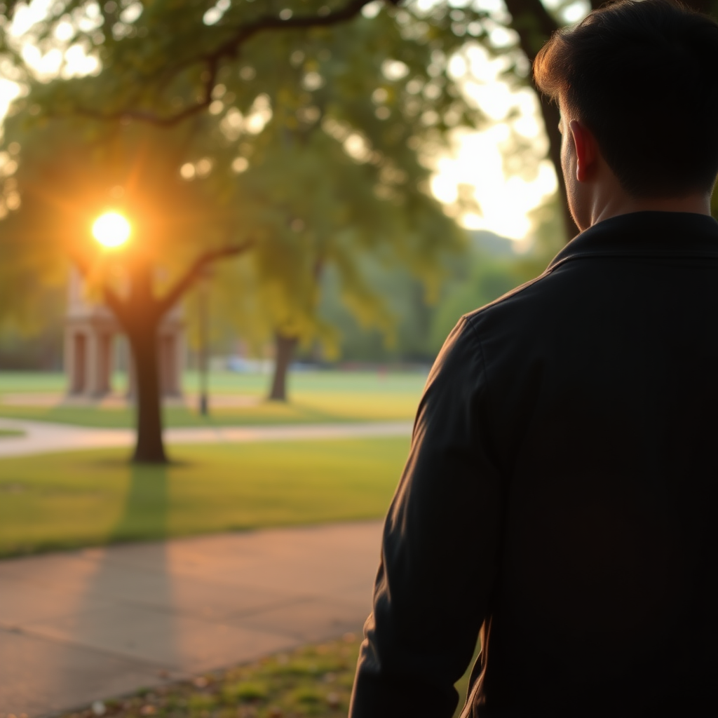 Man in a park at sunrise, capturing a peaceful vibe for dating photo.