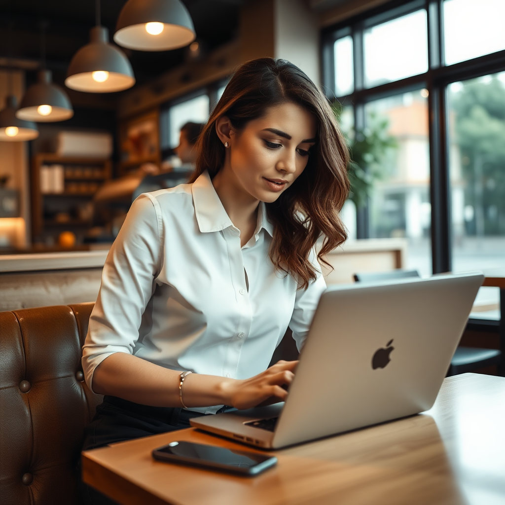 Professional woman working on a laptop in a trendy cafe for dating pictures.