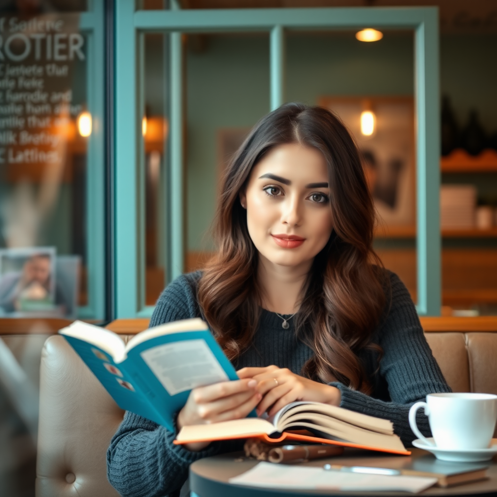 Woman in a cute café with a book, intellectual dating photo inspiration.