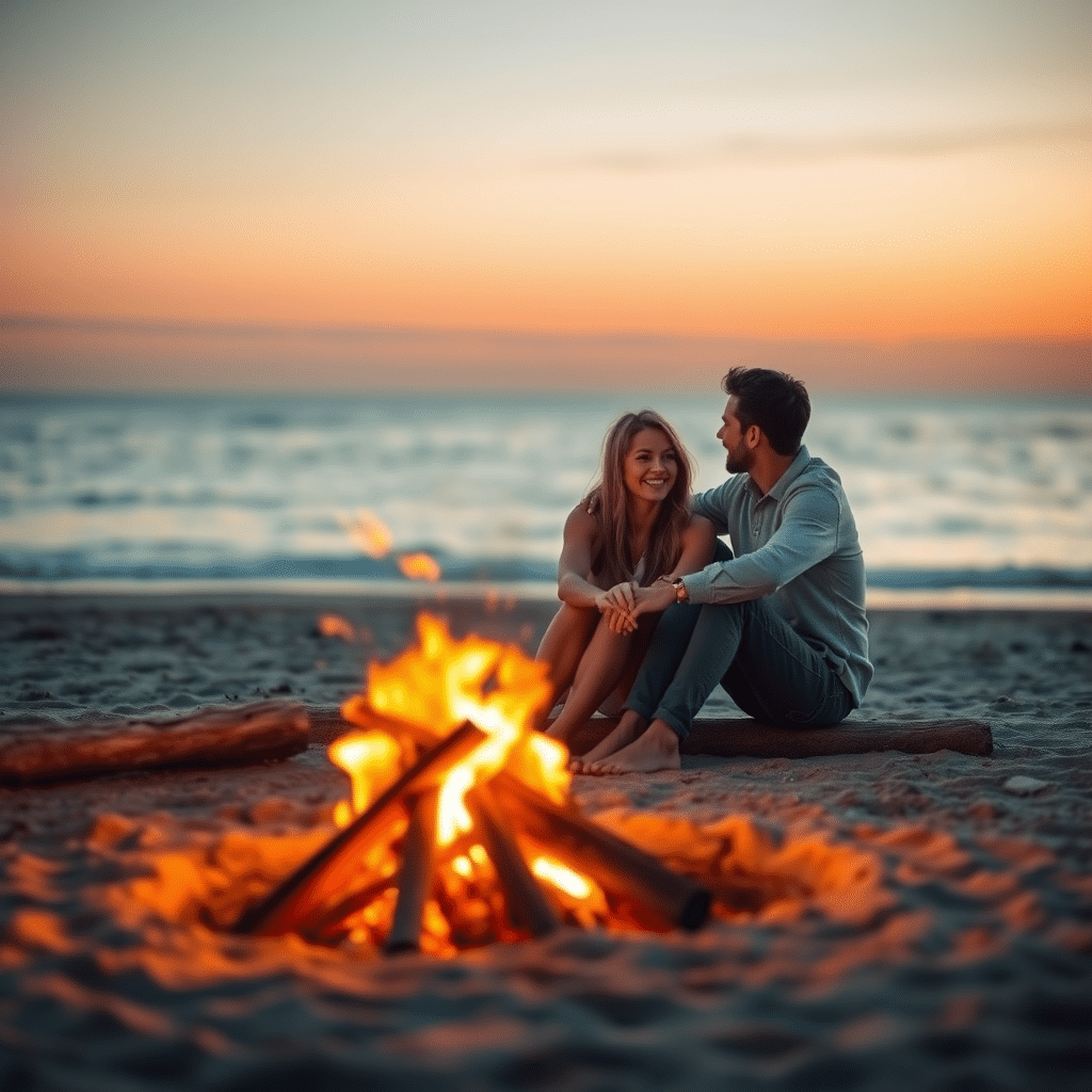 Couple sitting by a bonfire on the beach, romantic and fun dating photo inspiration.
