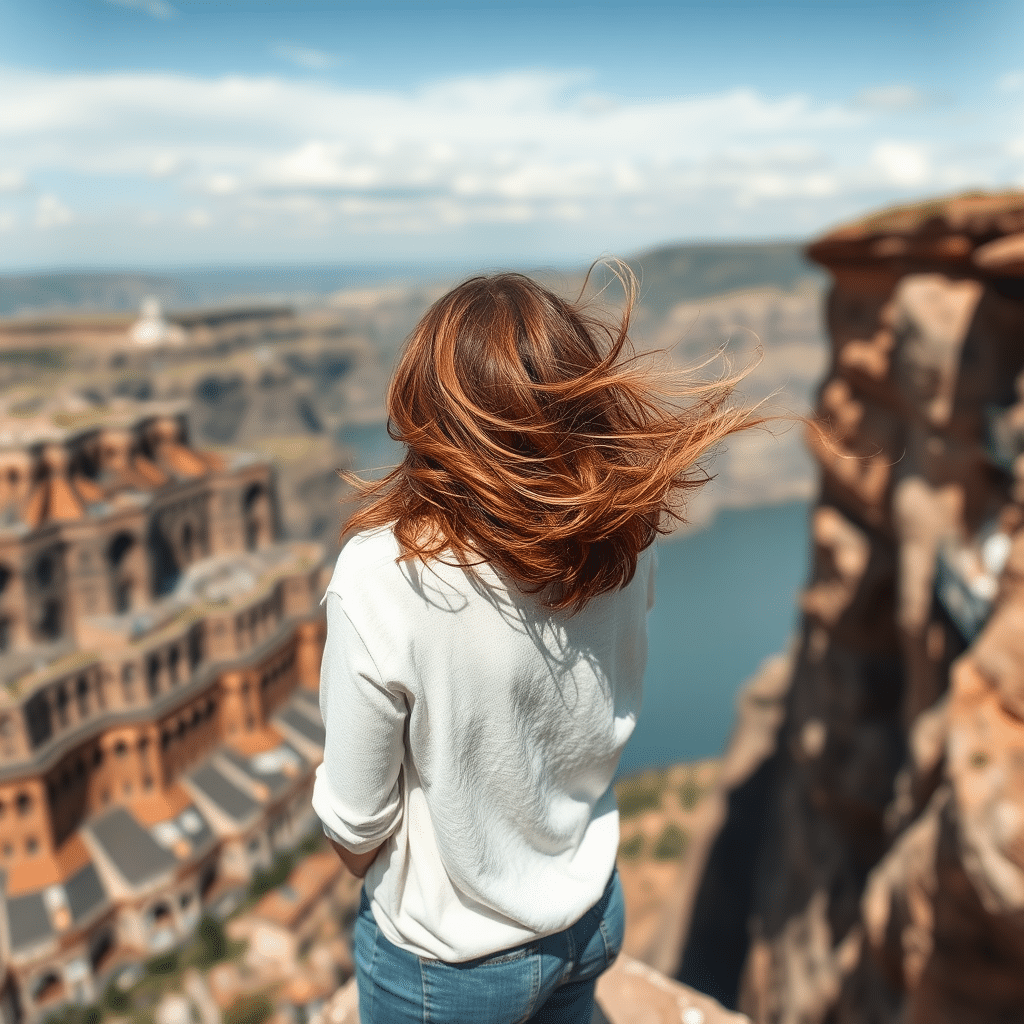 Woman with wind in her hair standing on a cliff, adventurous dating photo idea.