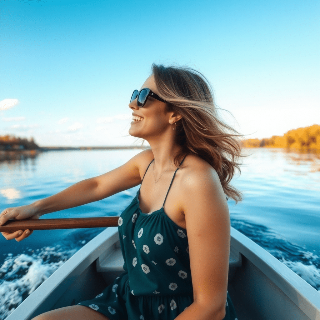 Woman enjoying a boat ride on a lake, carefree dating photo style.