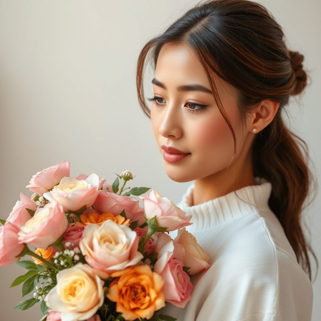 Woman with a fresh bouquet of flowers, soft and romantic dating profile photo.