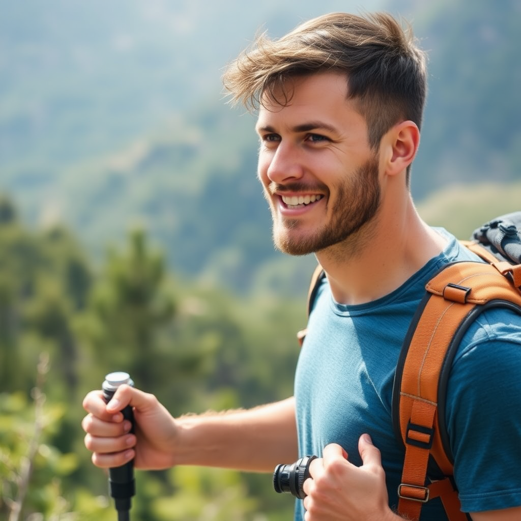 Adventure-seeking man hiking in nature for dating profile picture.