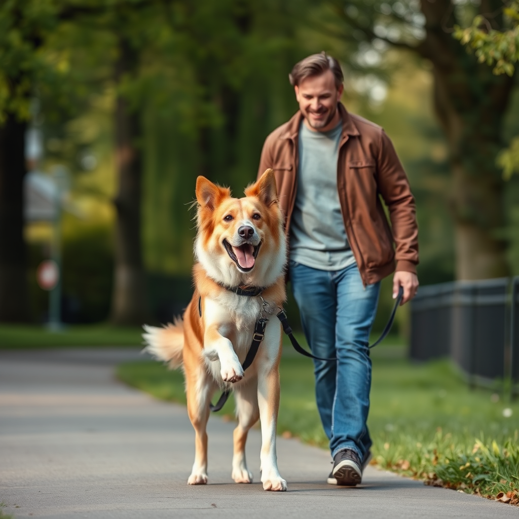 Man walking a dog, friendly and approachable dating profile photo.