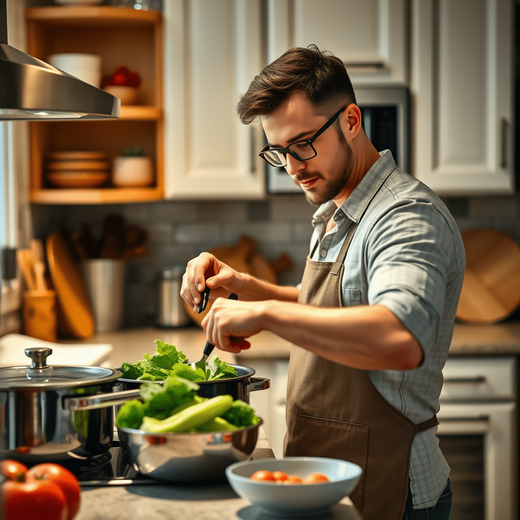 Man cooking in the kitchen, showcasing a homey vibe for dating photo.
