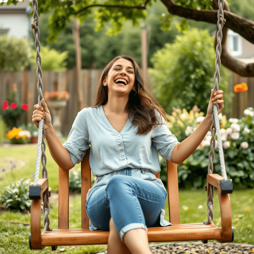 Woman laughing on a swing in a garden, lighthearted and playful dating picture.