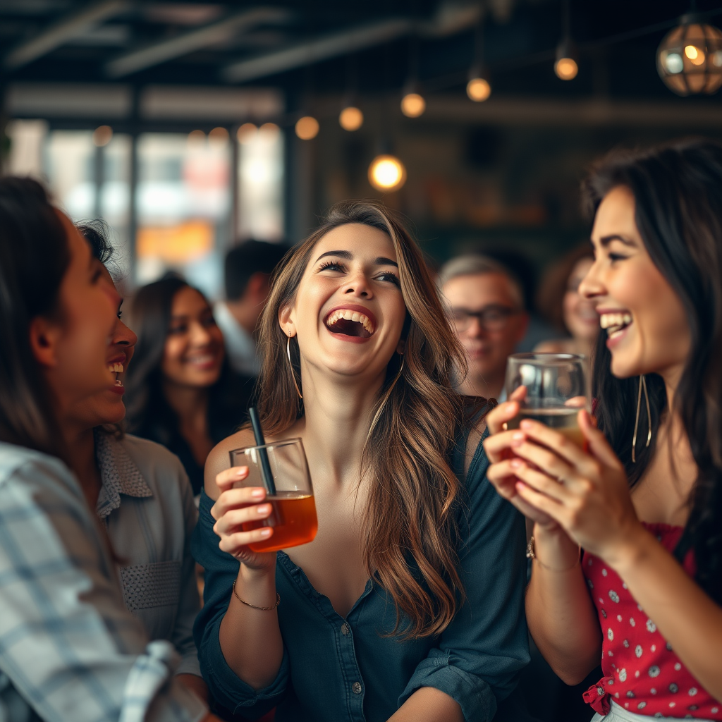 Woman laughing with friends in a social setting for dating profile.