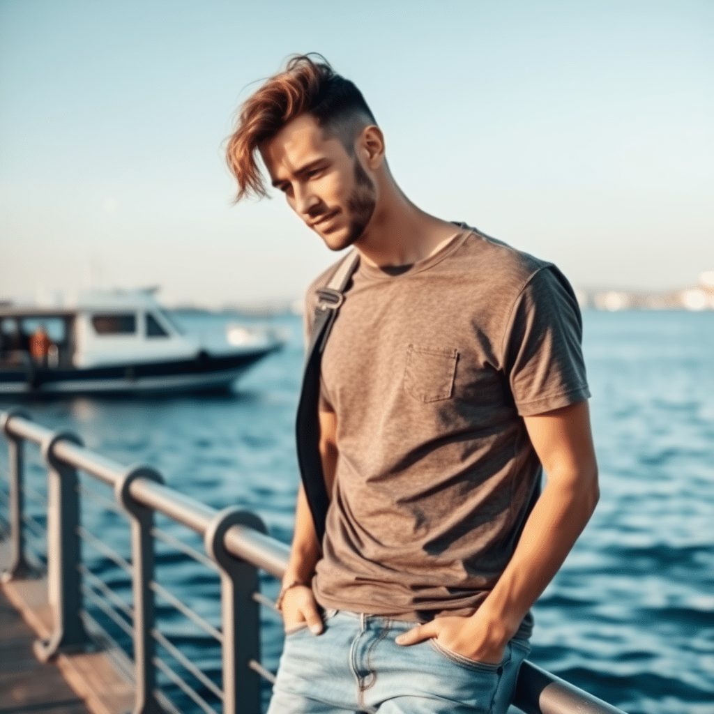 Casual man in jeans and t-shirt by the waterfront, ideal for dating profile.